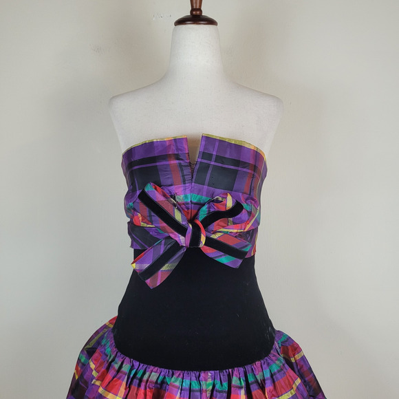 VTG Victor Costa Dress Womens 2 XS Velvet Plaid Strapless Bow Party Colorful 80s - Picture 3 of 13
